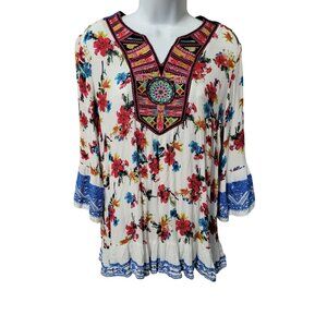 Caleoas Womens Boho Floral Top Embroidered Neckline Small Blue Red Peasant